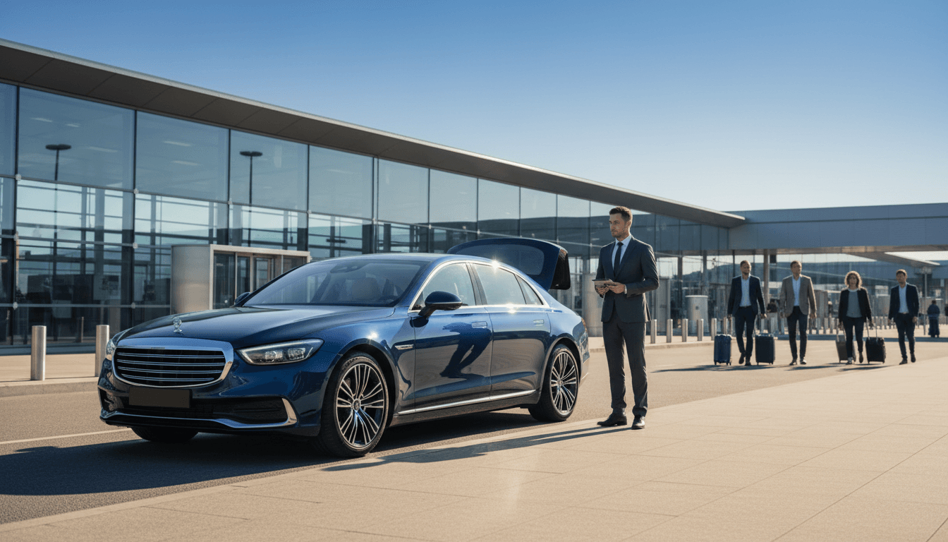 Luxury vehicle at airport terminal with driver ready for pickup service