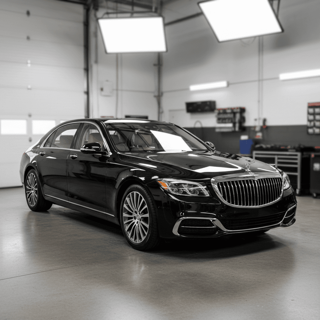 Luxury sedan in fleet garage