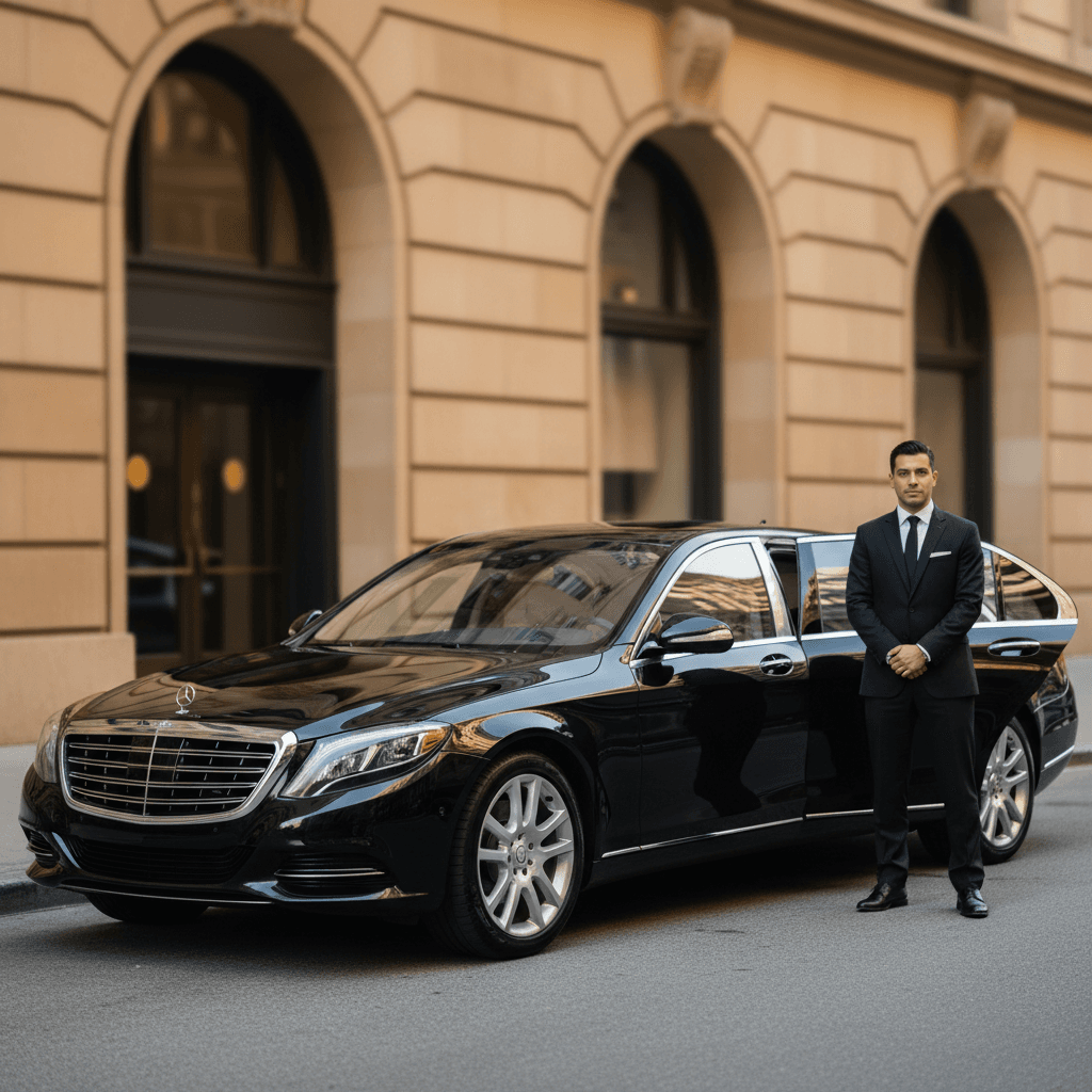 Luxury sedan with professional driver ready for scheduled appointment