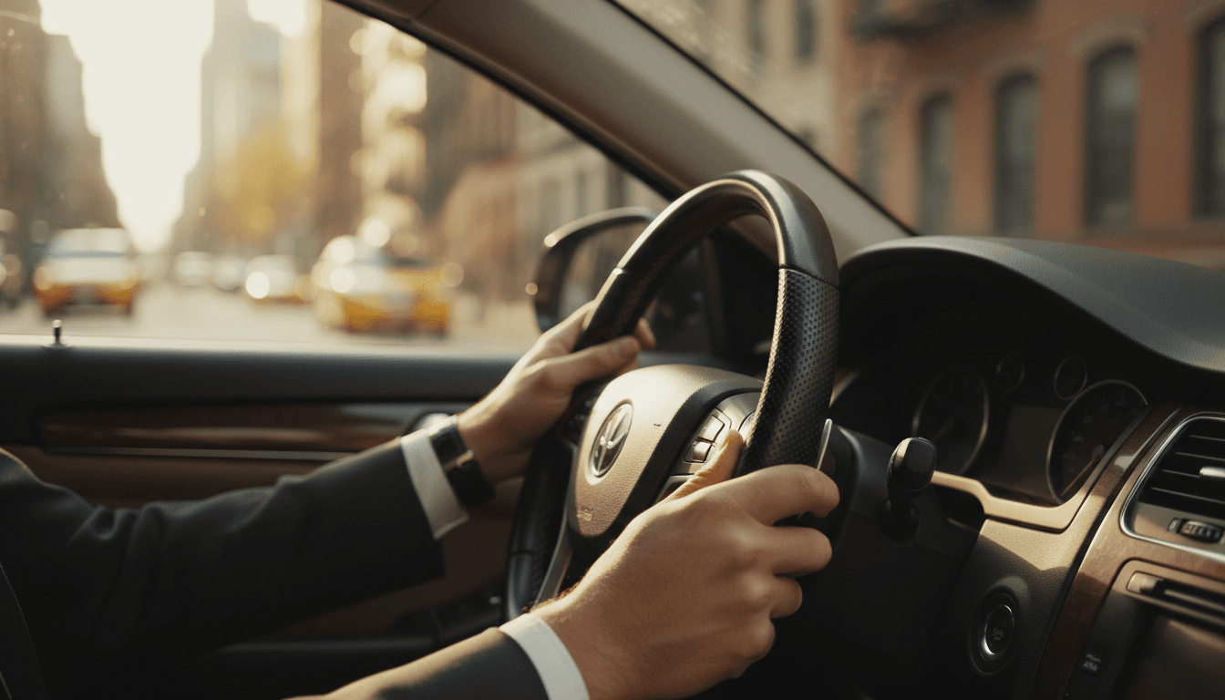 Driver's hands on steering wheel