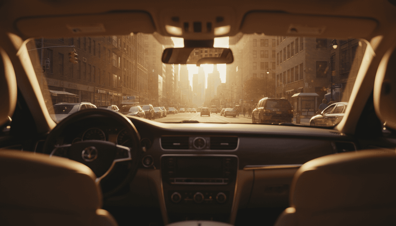 View from luxury vehicle window overlooking New York City skyline