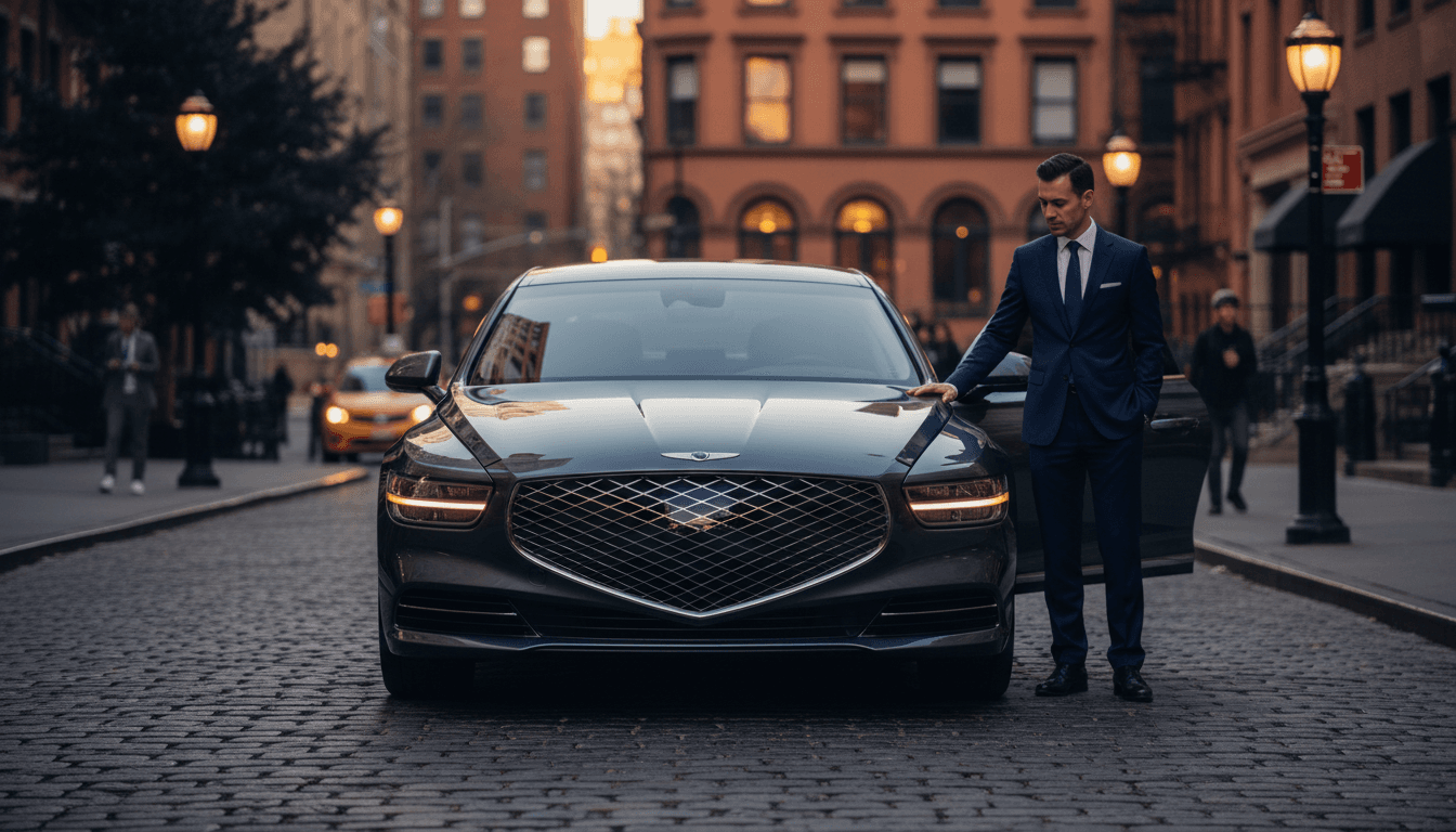 Luxury private car with professional driver ready for premium transportation service