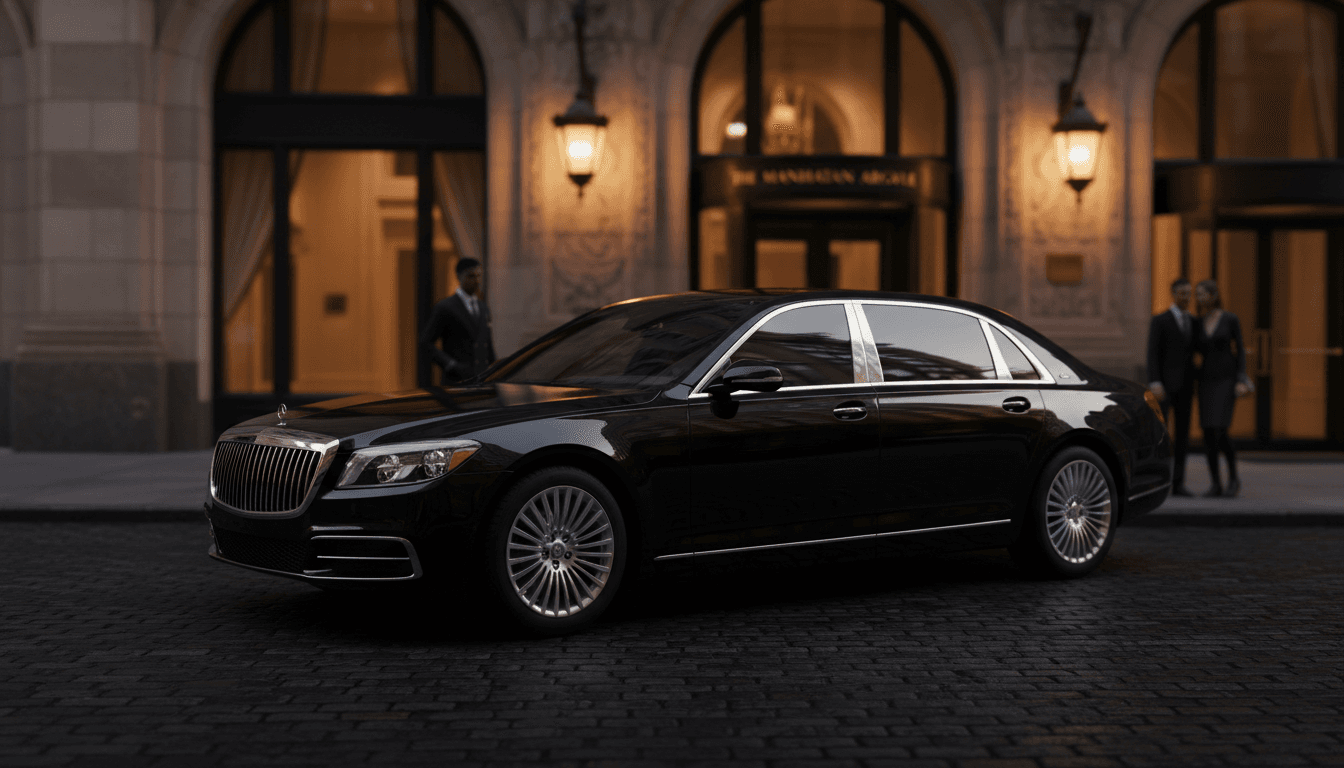 Luxury sedan at Manhattan hotel entrance