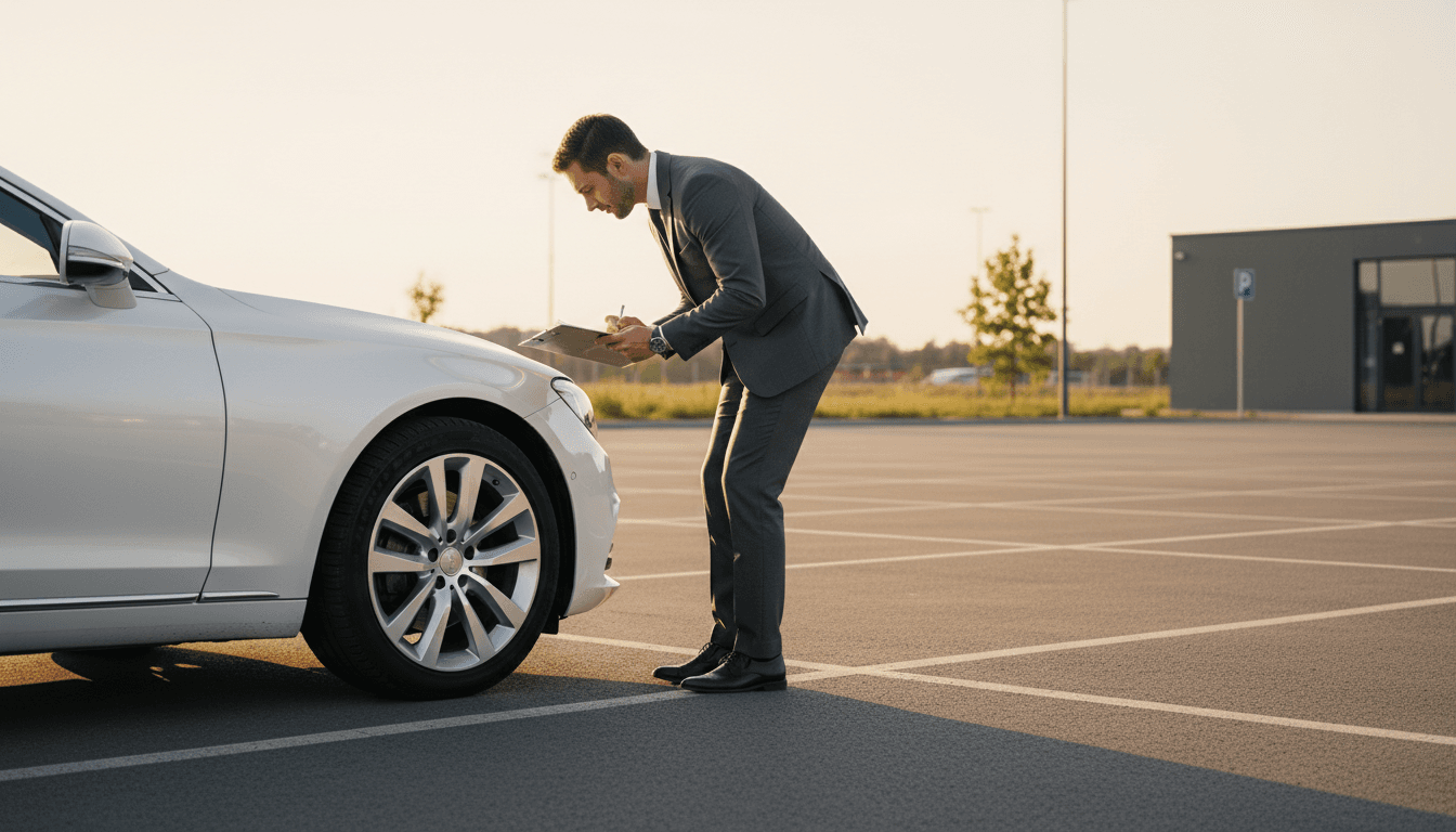 Professional driver conducting vehicle inspection before service