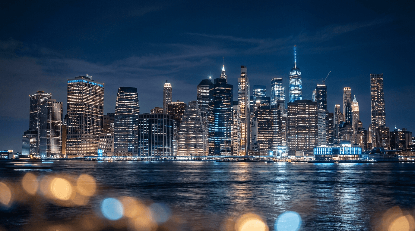 Night skyline view of illuminated downtown towers reflecting on bay water with bokeh foreground depth and rich urban atmosphere