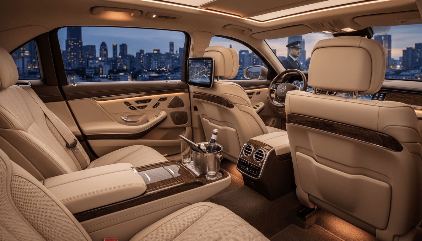 Interior view of luxury sedan rear seating with ambient lighting and urban skyline visible through tinted windows